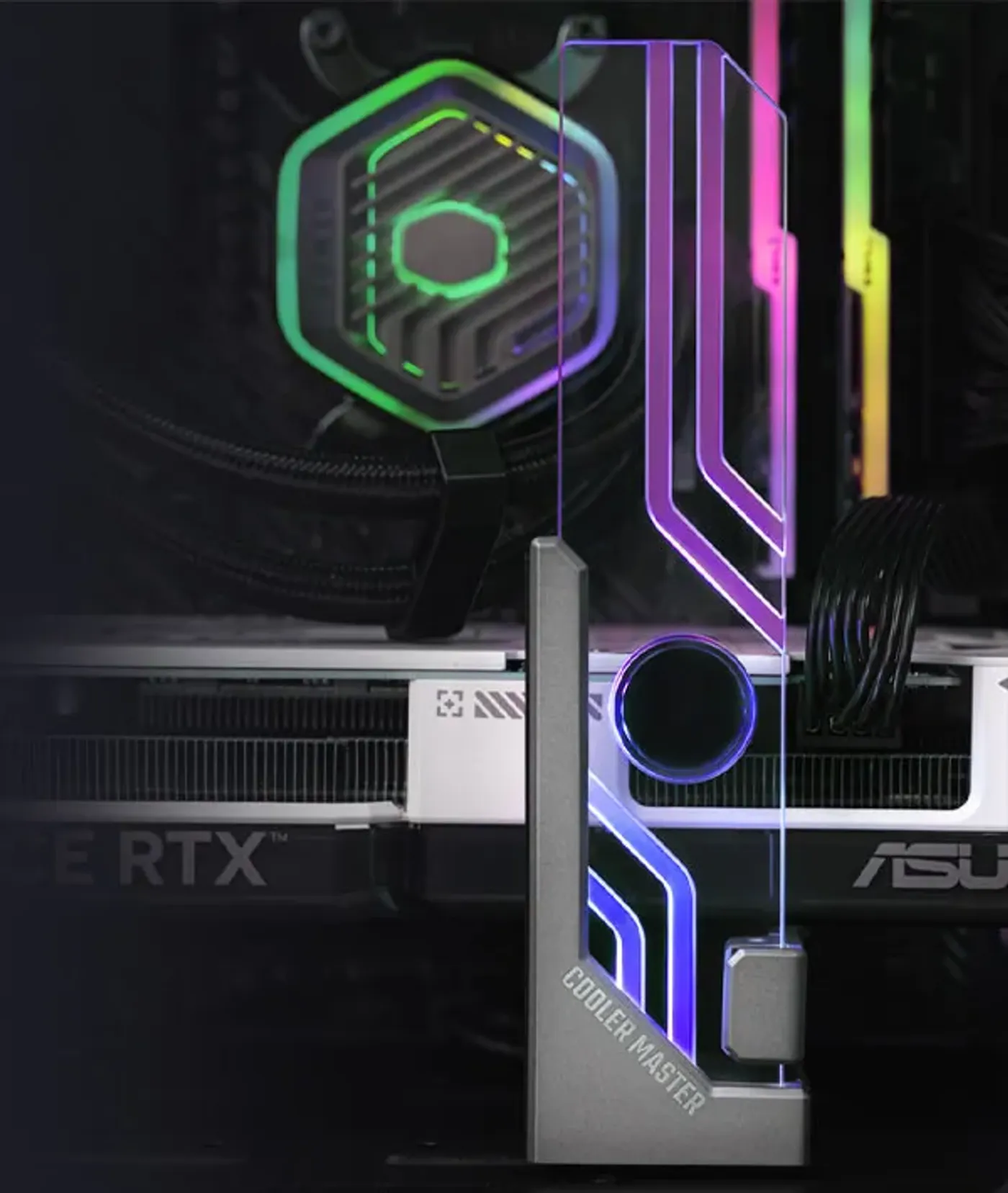 Cooler Master Atlas GPU support shown with its ARGB lighting active