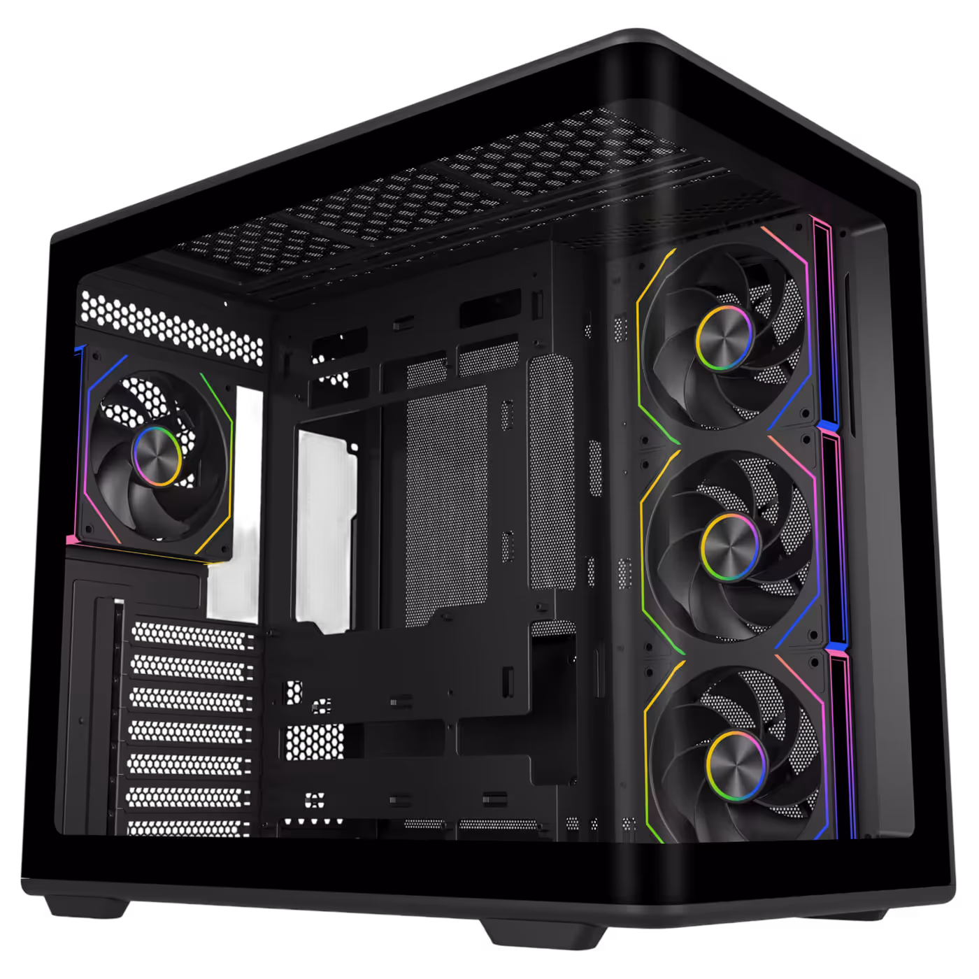 Elite 600 case with its tempered glass side panel revealing internal components