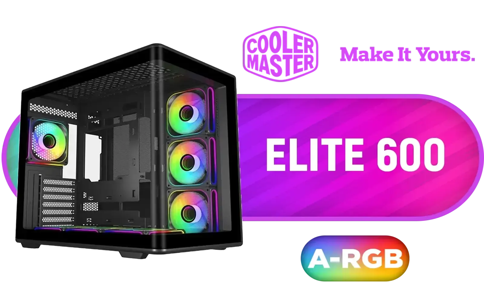 Cooler Master Elite 600 Mid-Tower PC Case - Black / Tempered Glass Side Panel / Supports ATX Motherboards / USB 3.2 Gen 2x2 Type-C / Dual 360mm Radiator Support / Full-Size GPU Support up to 425mm / Tool-Free Access Design / Versatile Multi-Fan Cooling Options / 4x Pre-Installed 120mm ARGB Fans / E600-KGNN-S02