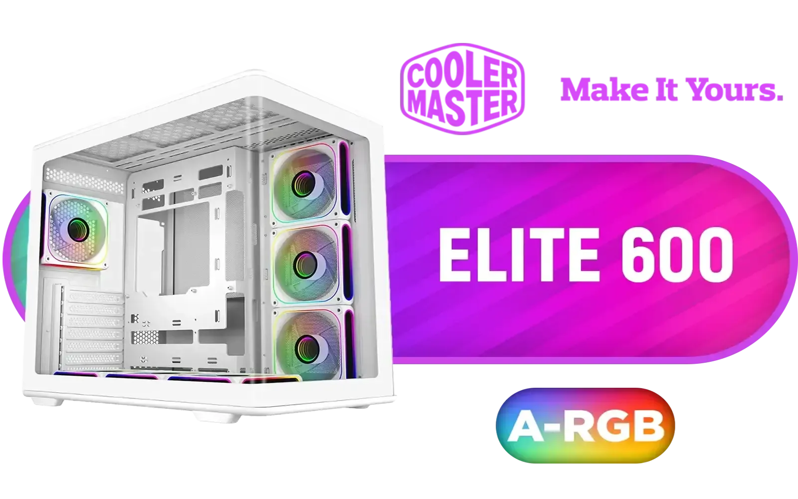 Cooler Master Elite 600 Mid-Tower PC Case - White / Tempered Glass Side Panel / Supports ATX Motherboards / USB 3.2 Gen 2x2 Type-C / Dual 360mm Radiator Support / Full-Size GPU Support up to 425mm / Tool-Free Access Design / Versatile Multi-Fan Cooling Options / 4x Pre-Installed 120mm ARGB Fans / E600-WGNN-S02