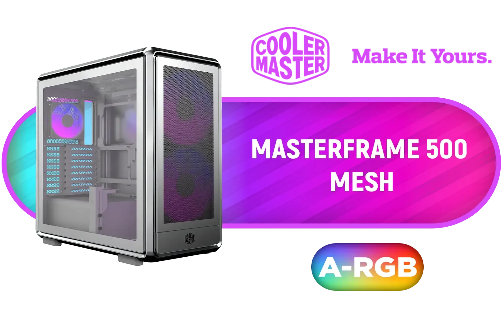 Cooler Master MasterFrame 500 Mesh ARGB Mid-Tower PC Case - Silver / Tempered Glass Side Panel / Supports E-ATX Motherboards / GPU Support Bracket Included / FreeForm 2.0 Exo-Structure ATX Case / Open-Frame Modding Design / 390mm GPU Length & 190mm GPU Height Support / Includes GPU Support Bracket / 2x Pre-Installed SickleFlow 200mm ARGB Fans / 1x Pre-Installed 120mm ARGB Fan / MF500M-SHNN-S01
