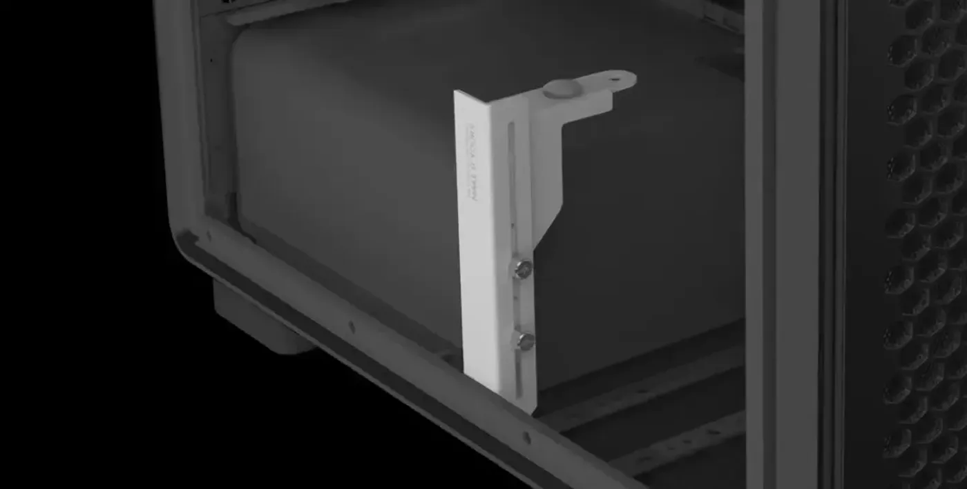Chassis close-up showing the built-in GPU support bracket