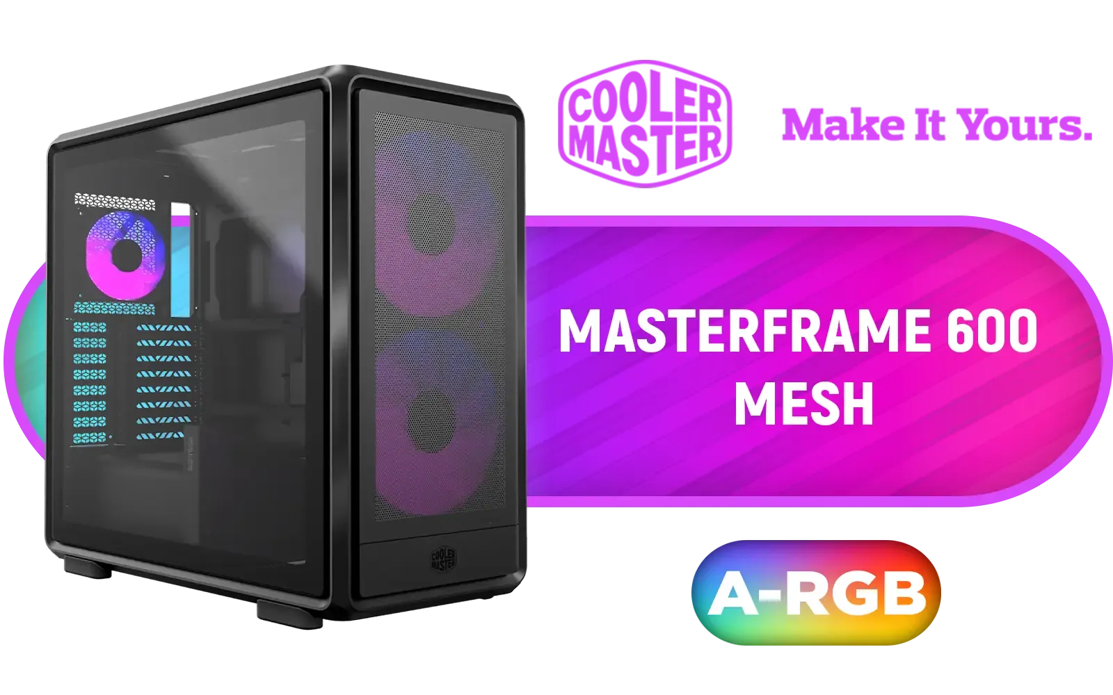 Cooler Master MasterFrame 600 Mesh ARGB Mid-Tower PC Case - Black / Tempered Glass Side Panel / Supports E-ATX Motherboards / FreeForm 2.0 Exo-Structure PC Case / Modular Open-Frame Design / 485mm GPU Clearance / Includes GPU Support Bracket / 2x SickleFlow 200 ARGB Pre-installed Fans / 1x SickleFlow 120 ARGB Pre-installed Fan / MF600M-KGNN-S01