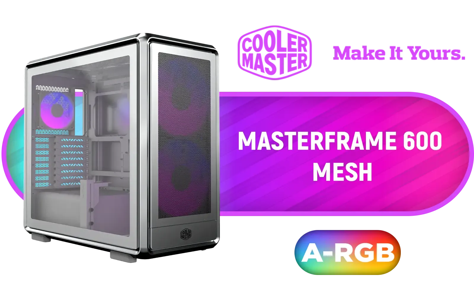 Cooler Master MasterFrame 600 Mesh ARGB Mid-Tower PC Case - Silver / Tempered Glass Side Panel / Supports E-ATX Motherboards / FreeForm 2.0 Exo-Structure PC Case / Modular Open-Frame Design / Up to 11 Fans & 420mm Radiator / 485mm GPU Clearance / Interchangeable Maker-Friendly Panels / Includes GPU Support Bracket / 2x SickleFlow 200 ARGB Pre-installed Fans / 1x SickleFlow 120 ARGB Pre-installed Fan / MF600M-SGNN-S01