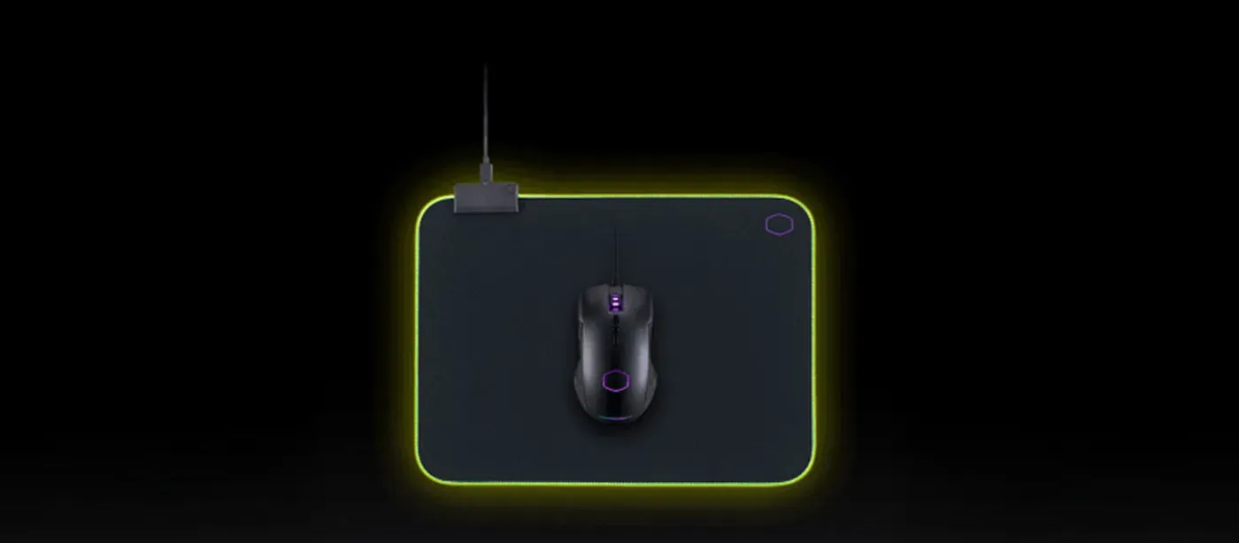 MP750 RGB mousepad styled alongside compatible Cooler Master peripherals