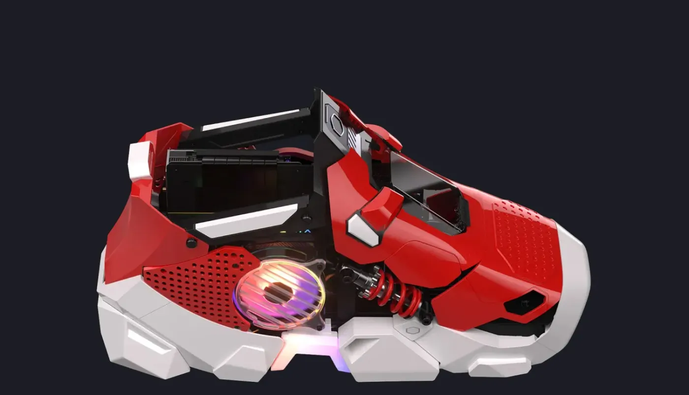 Innovative JMDF sneaker-styled PC case design showing modern artistic aesthetics