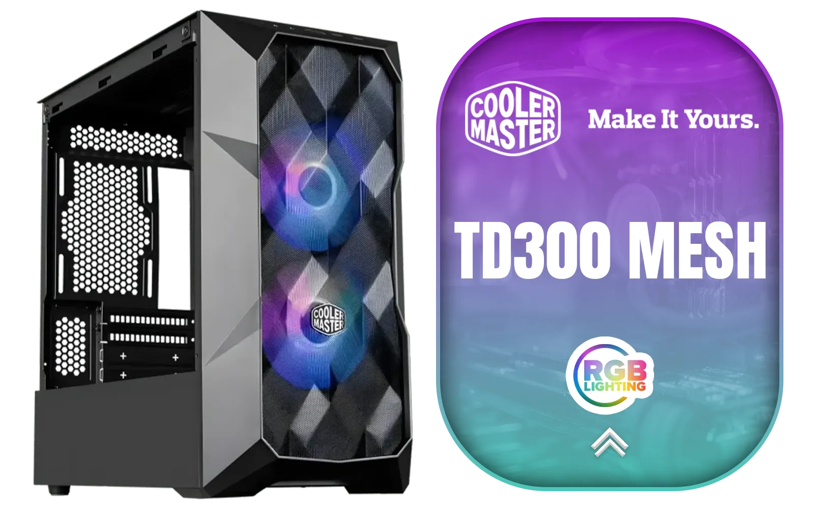 Cooler Master TD300 Mesh Micro-ATX Tower with Polygonal Mesh Front ana Removable Top Panel, ARGB/PWM Hub Tempered Glass, 2 x Sickleflow PWM ARGB Lighting Fans Included / TD300-KGNN-S00
