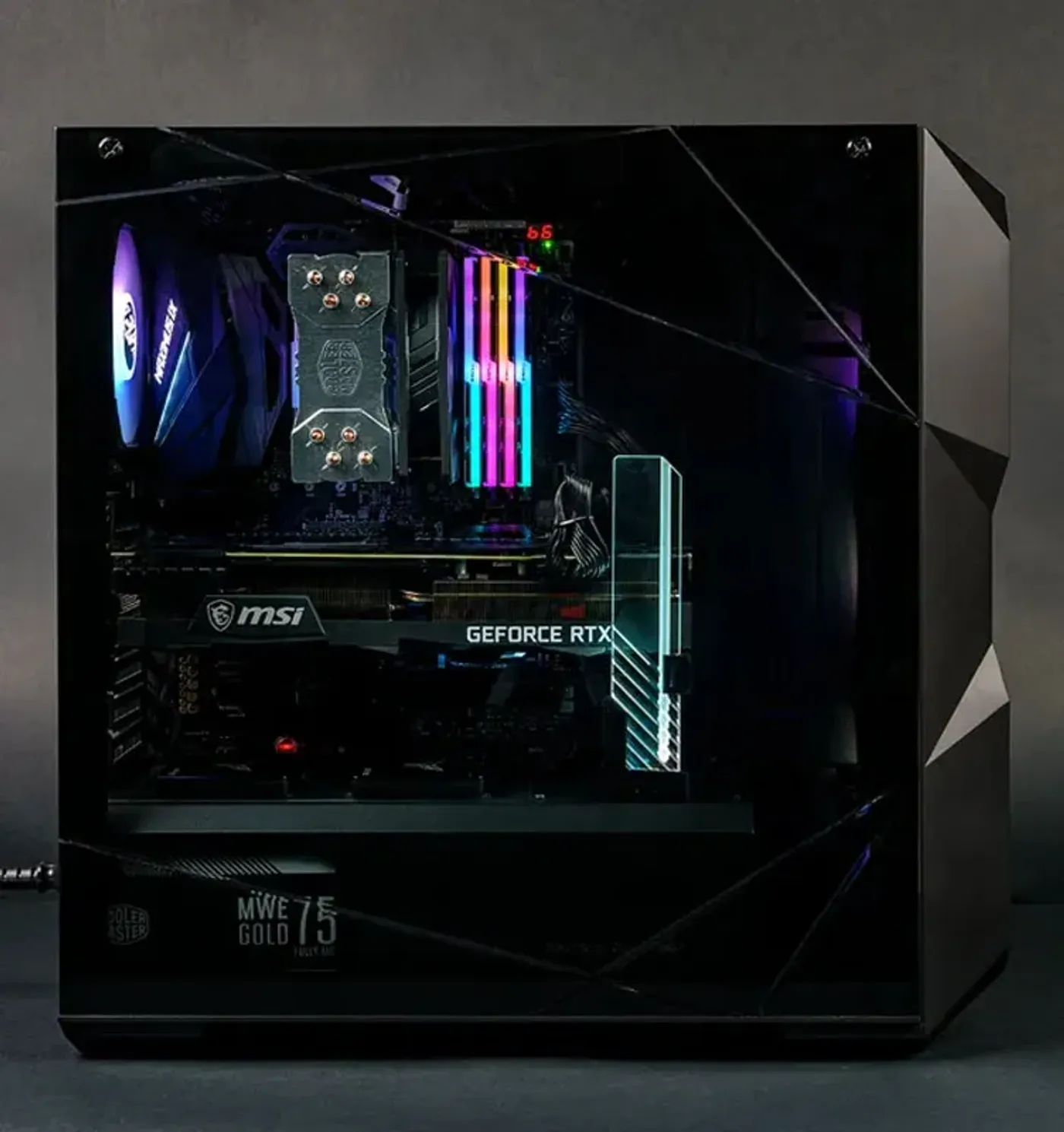 GPU support bracket bracing a heavy graphics card to prevent sagging