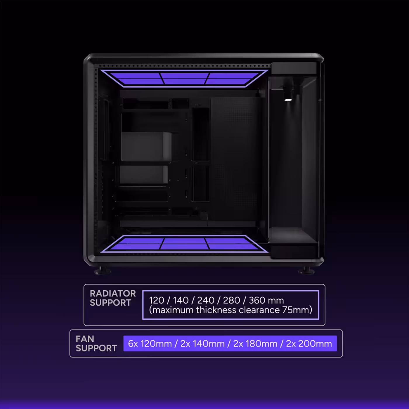 MasterFrame 360 massive cooling compatibility featuring radiator and fan support