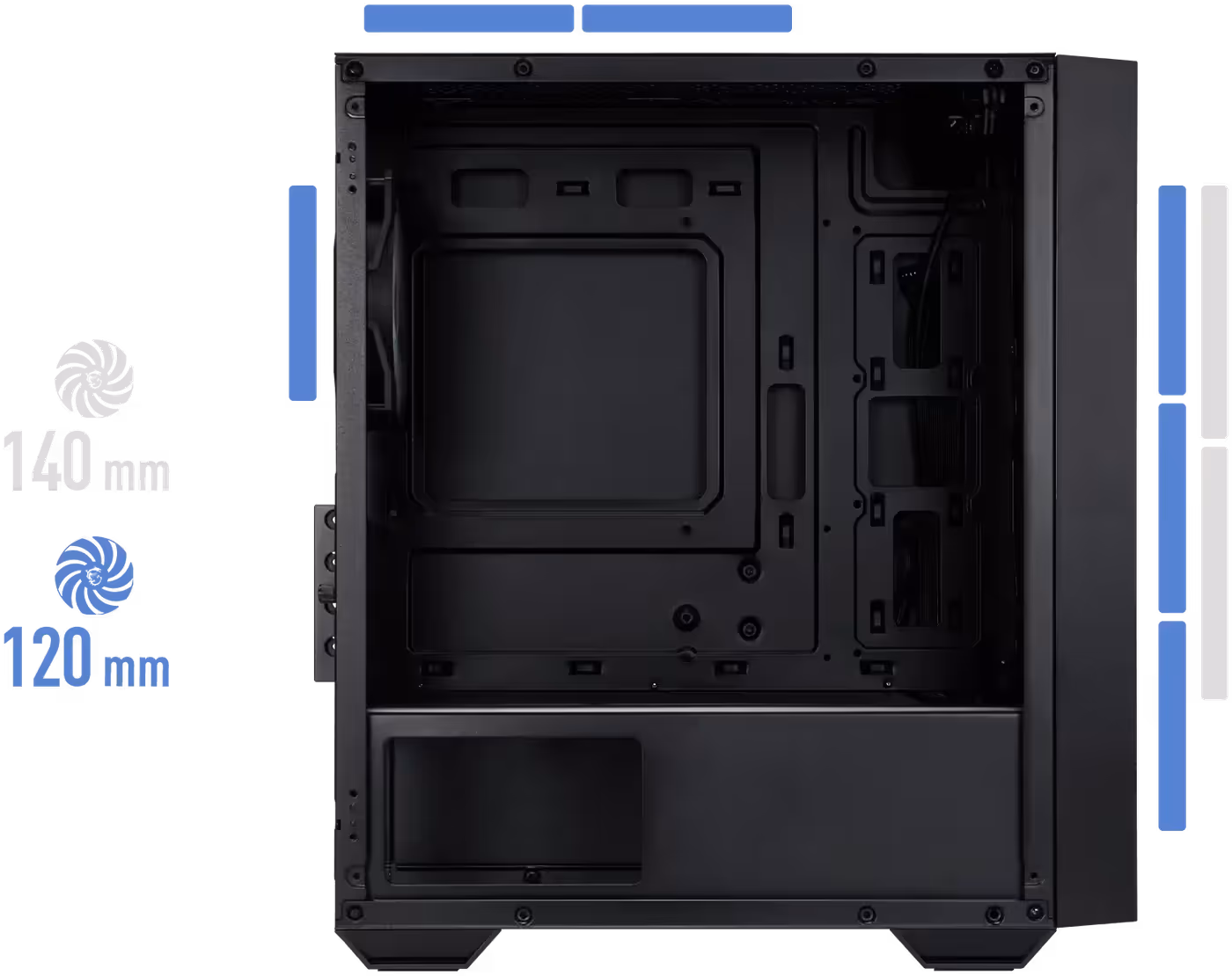Internal chassis diagram showing cooling fan mounting positions and airflow support