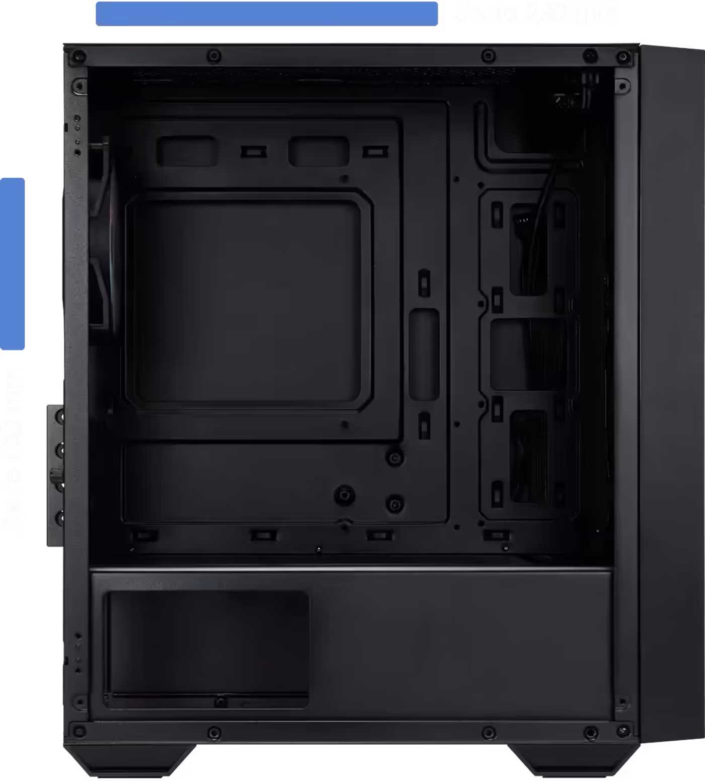 Radiator compatibility guide illustrating liquid cooling installation options for the PC case