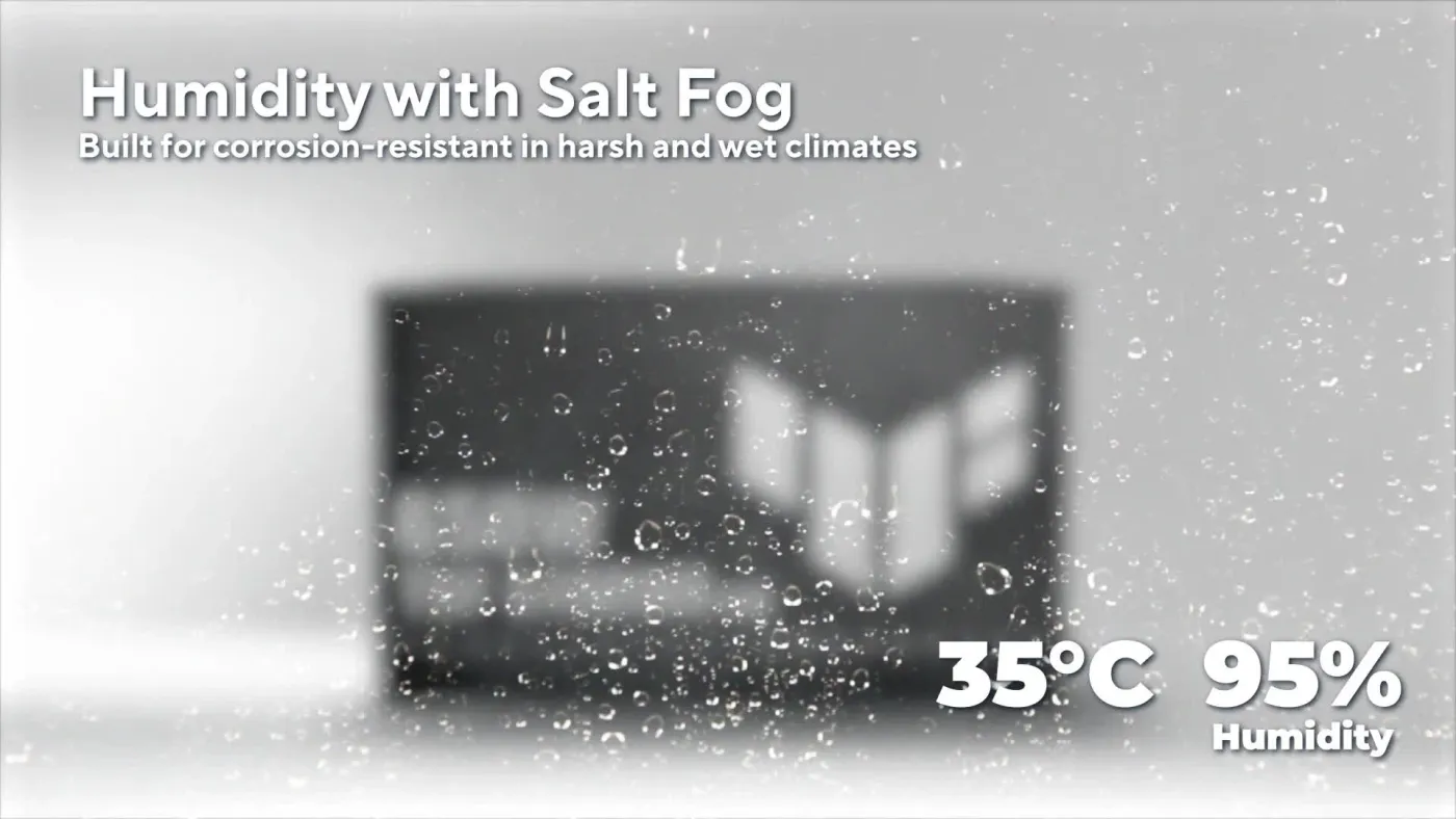 Corrosion-test poster image demonstrating salt fog resistance at high humidity