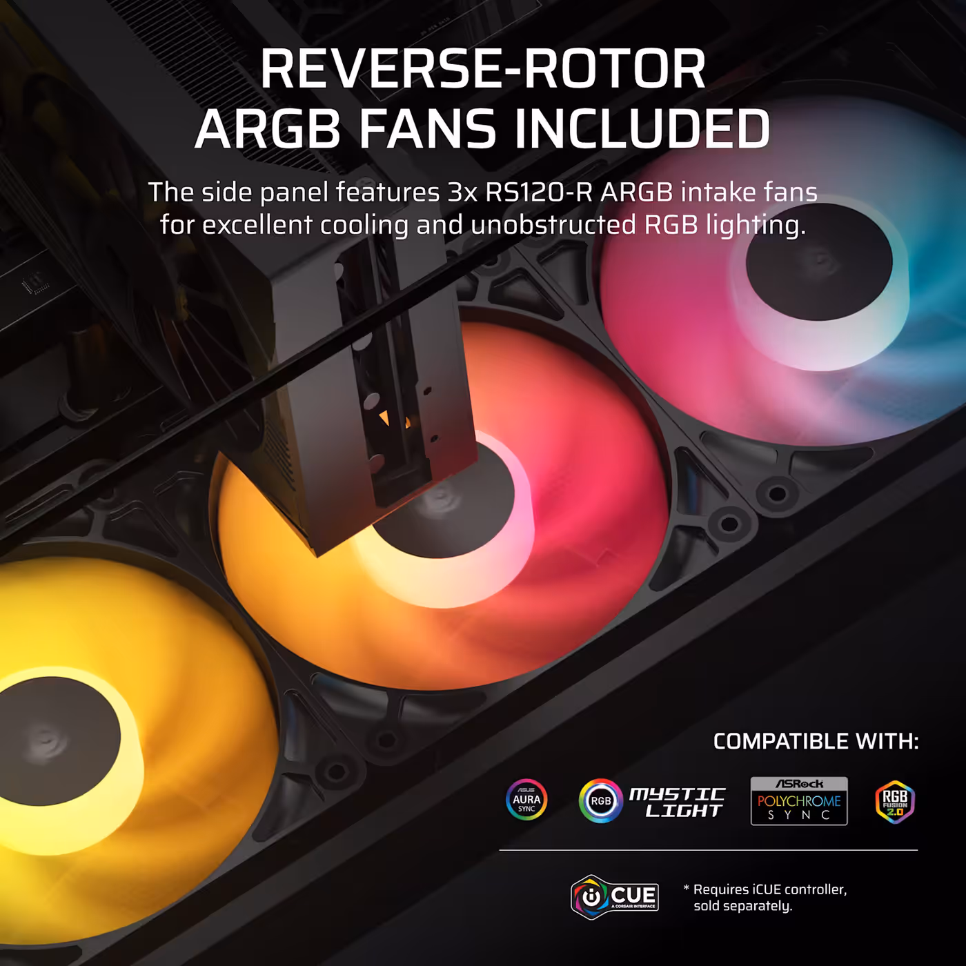 Close-up of the RS120-R reverse rotor ARGB intake fans in the 2800X in black