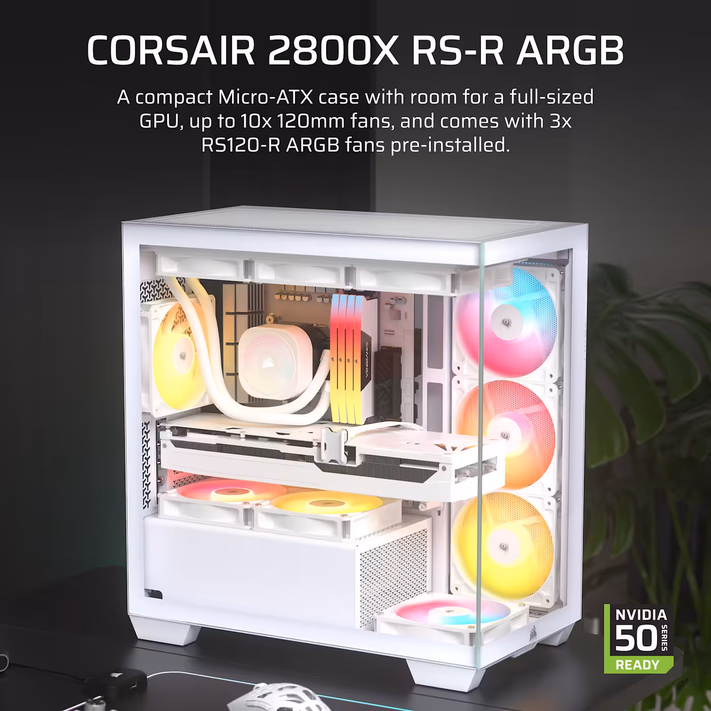 The CORSAIR 2800X RS-R in white shown built with ARGB fans running