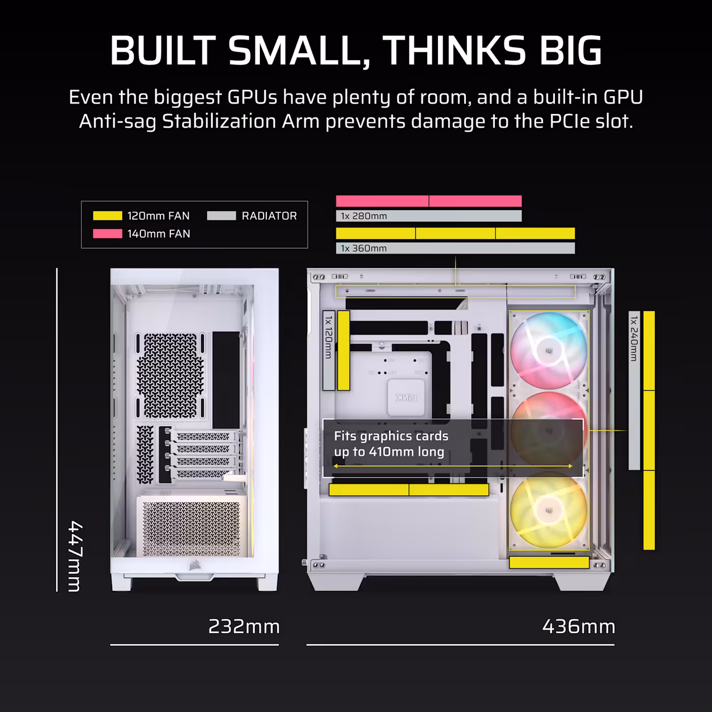 Dimensioned diagram of the 2800X RS-R in white showing 410mm GPU clearance and chassis measurements