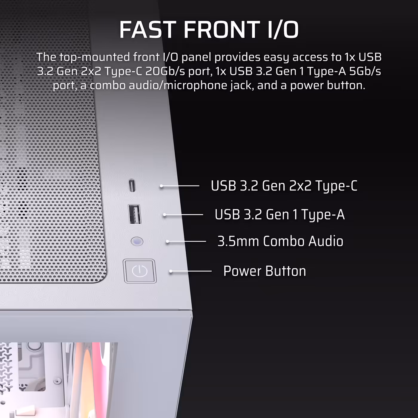 Top-mounted front I/O panel on the 2800X in white showing USB-C, USB-A, audio jack and power button