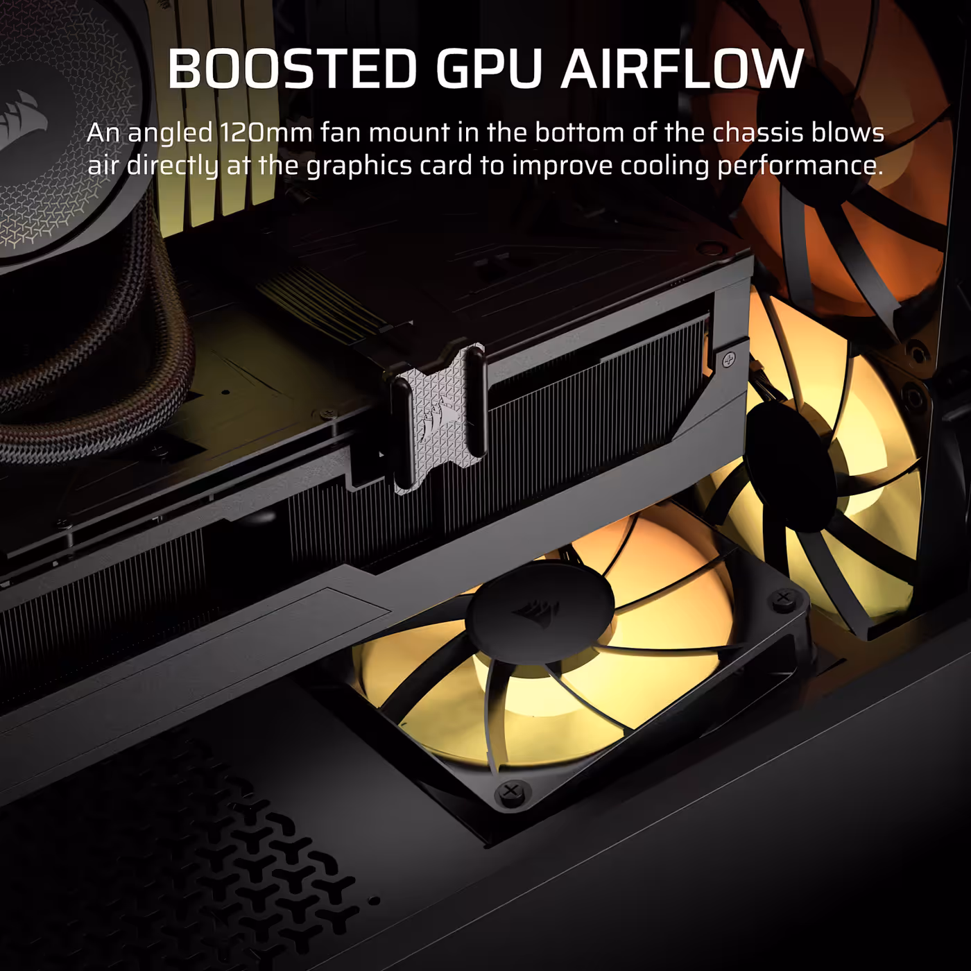 Angled bottom fan mount in the 3200D directing airflow at the graphics card