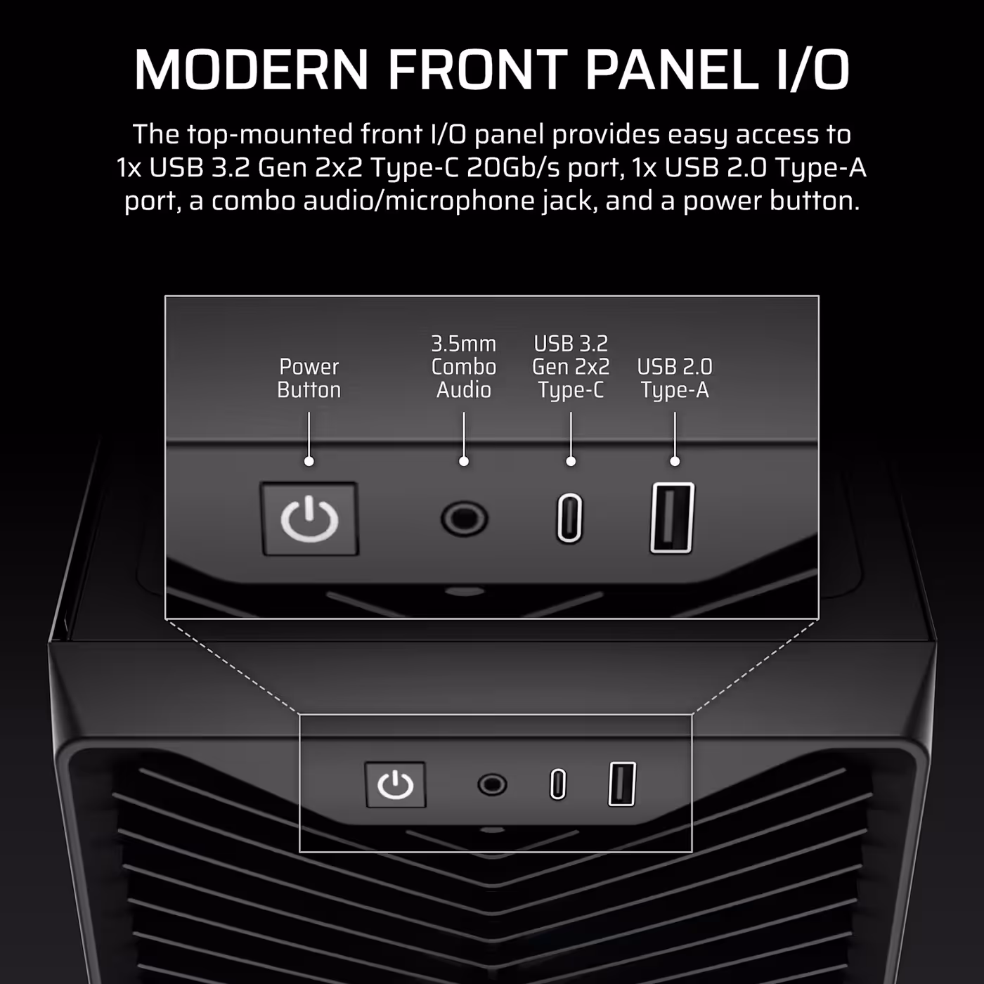 Front panel I/O on the 3200D showing the USB-C port, USB Type-A port and audio jack