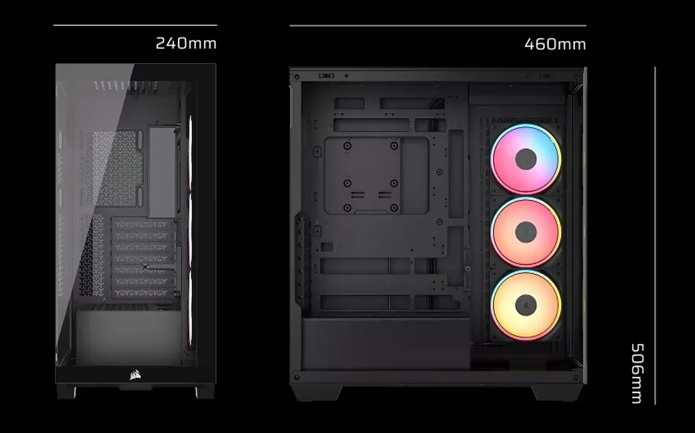 PC case dimensions showing fan and radiator mounting locations