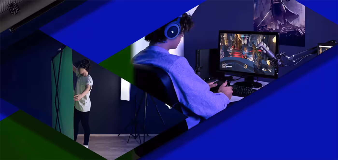 Elgato Chroma Key Panel set to a raised height behind a seated presenter position