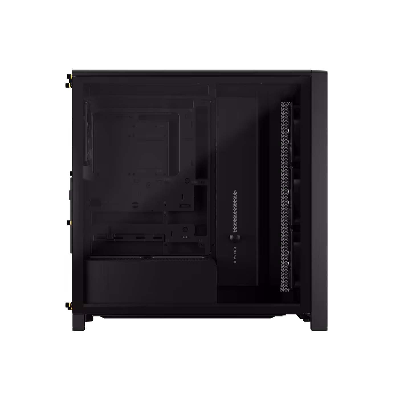 Side profile of the FRAME 4000D WOOD RS in black and walnut showing the tempered glass panel