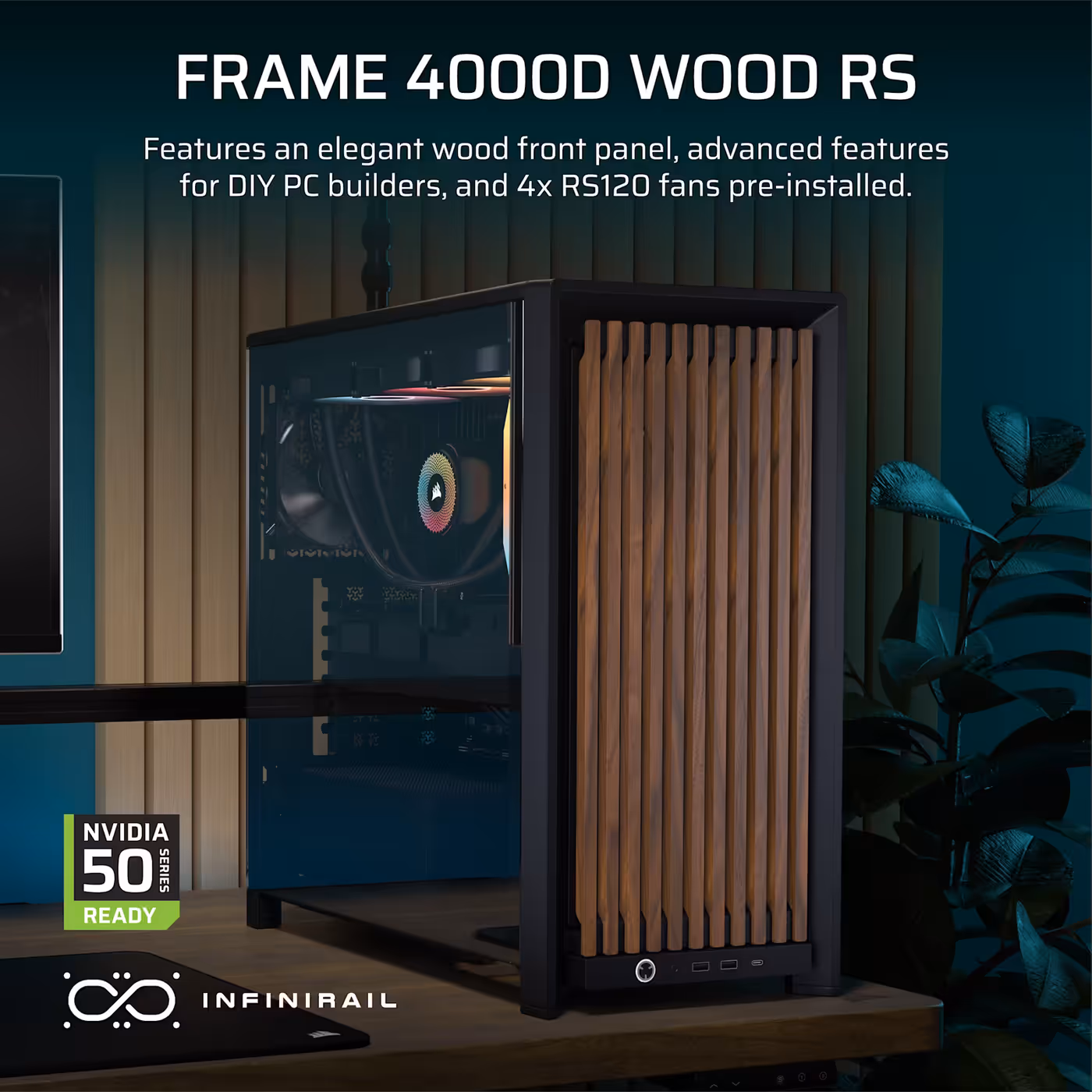 The FRAME 4000D WOOD RS in black and walnut shown as a complete build on a desk