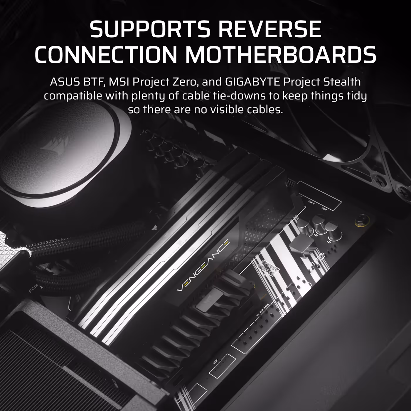Reverse connector motherboard fitted in the FRAME 4000D WOOD RS with hidden cabling
