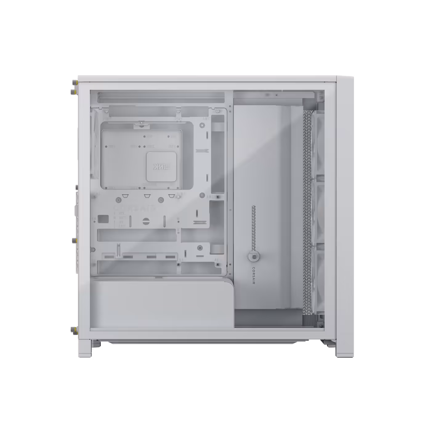Side profile of the FRAME 4000D WOOD RS in white and oak showing the tempered glass panel