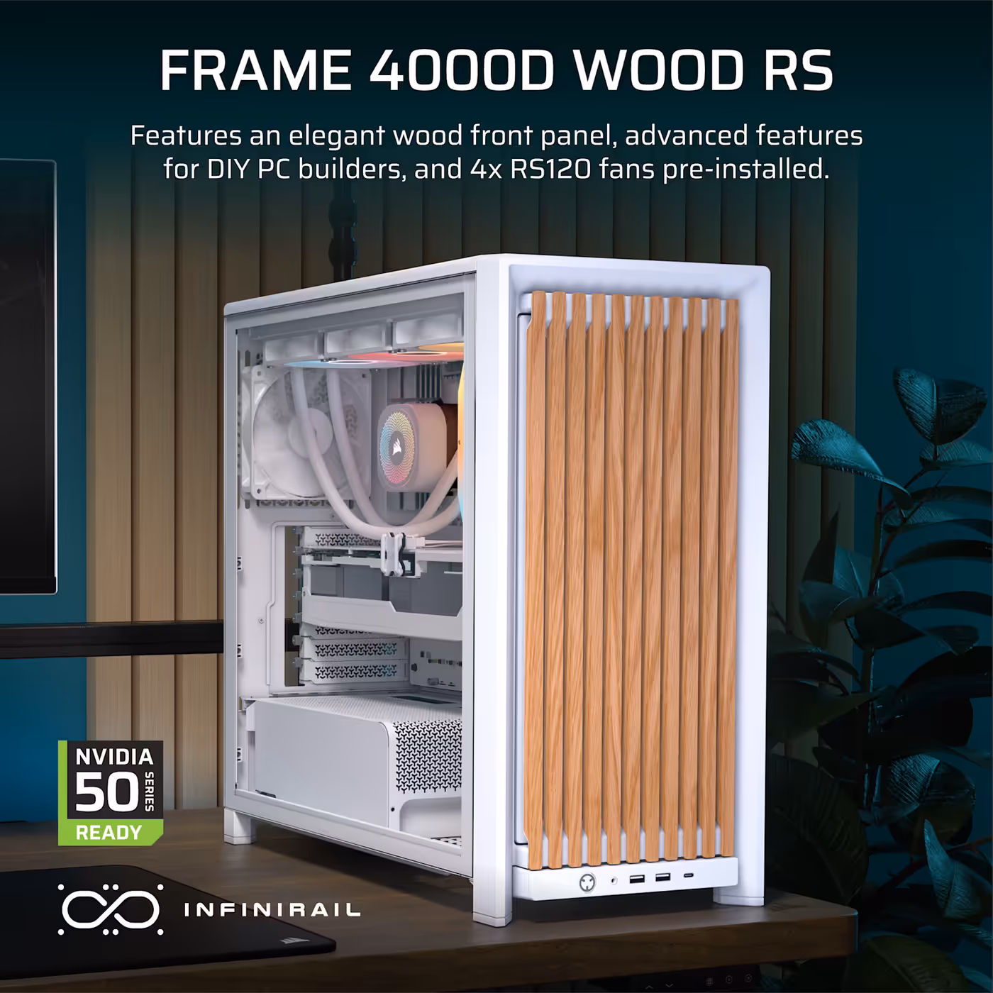 The FRAME 4000D WOOD RS in white and oak shown as a complete build on a desk