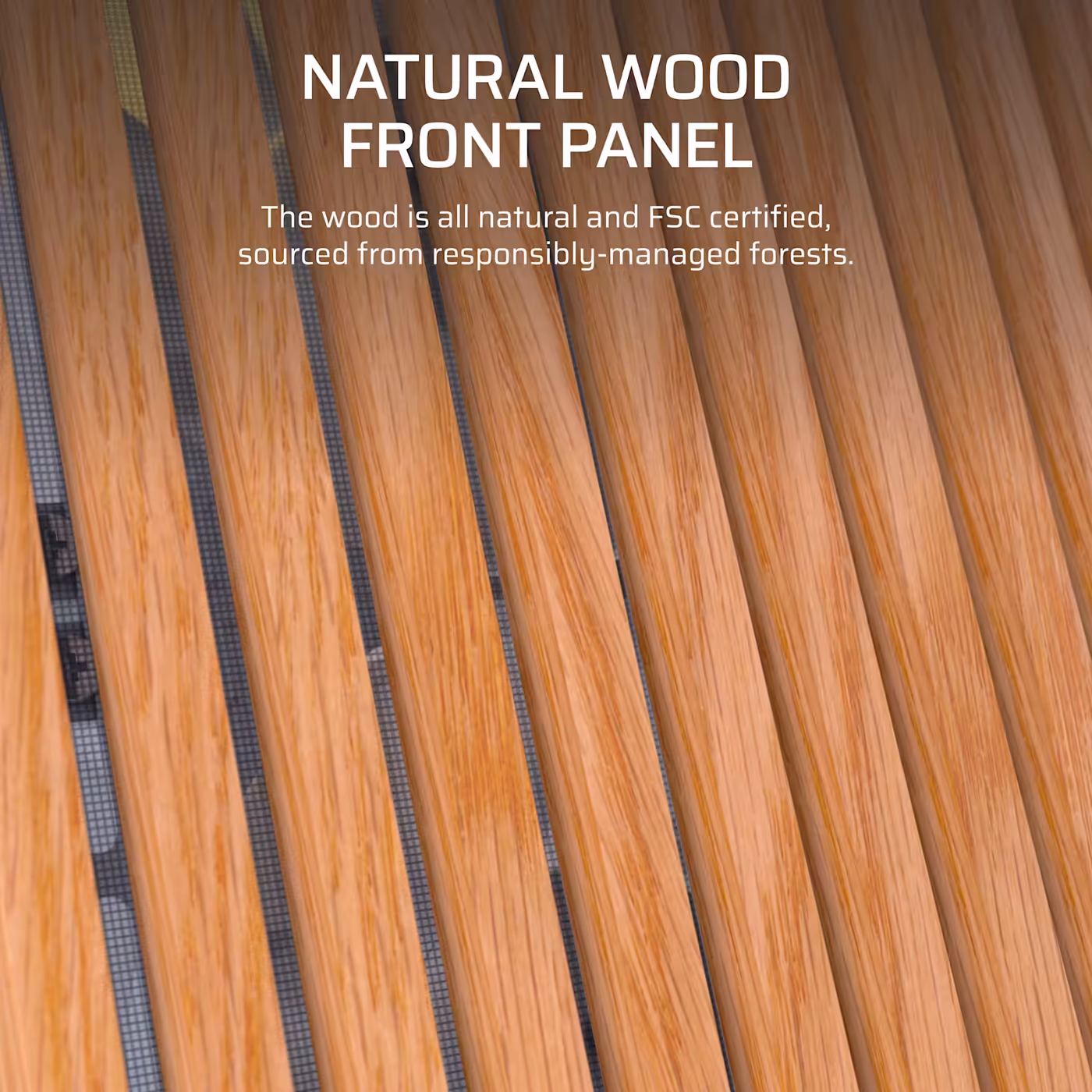 Close-up of the natural oak front panel slats on the FRAME 4000D WOOD RS