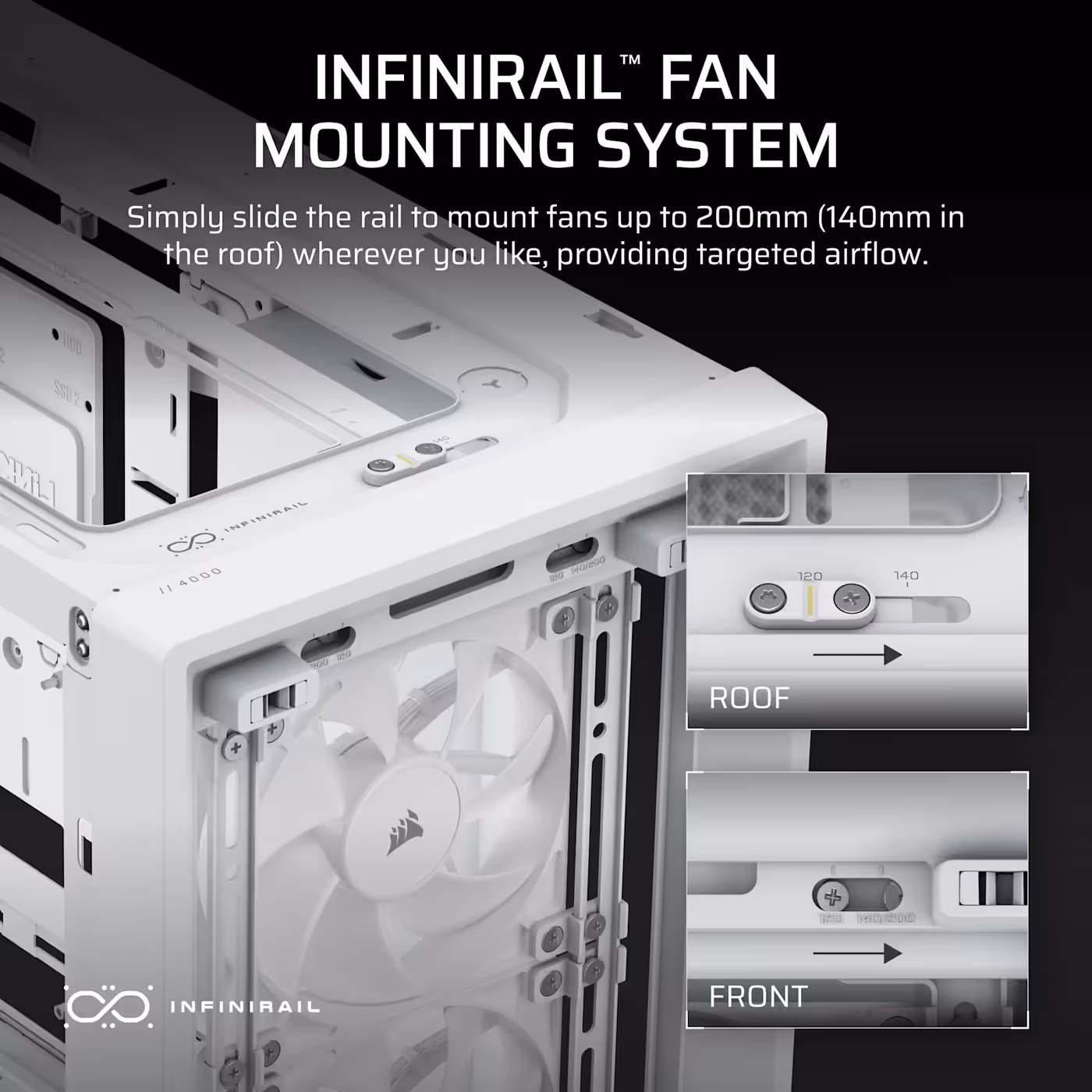 InfiniRail sliding fan mounting rails in the roof and front of the FRAME 4000D WOOD RS
