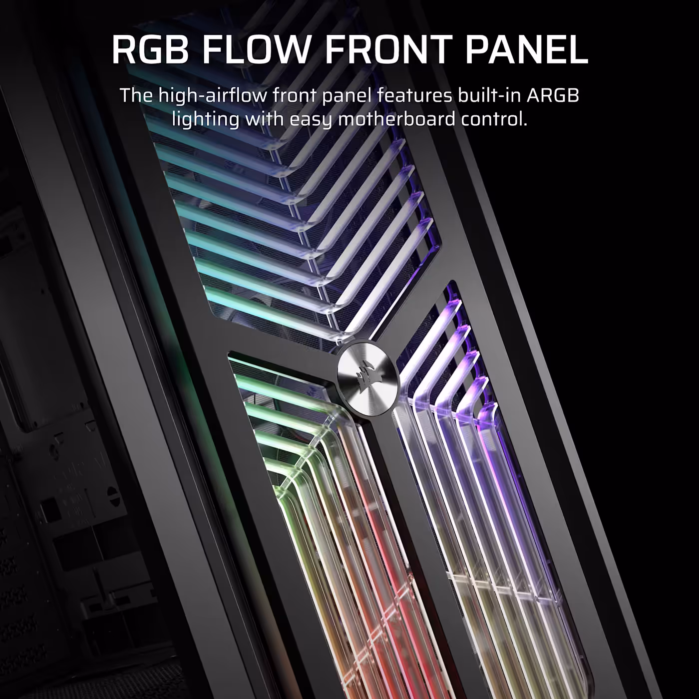 Close-up of the illuminated RGB Flow front panel on the FRAME 4000X RS