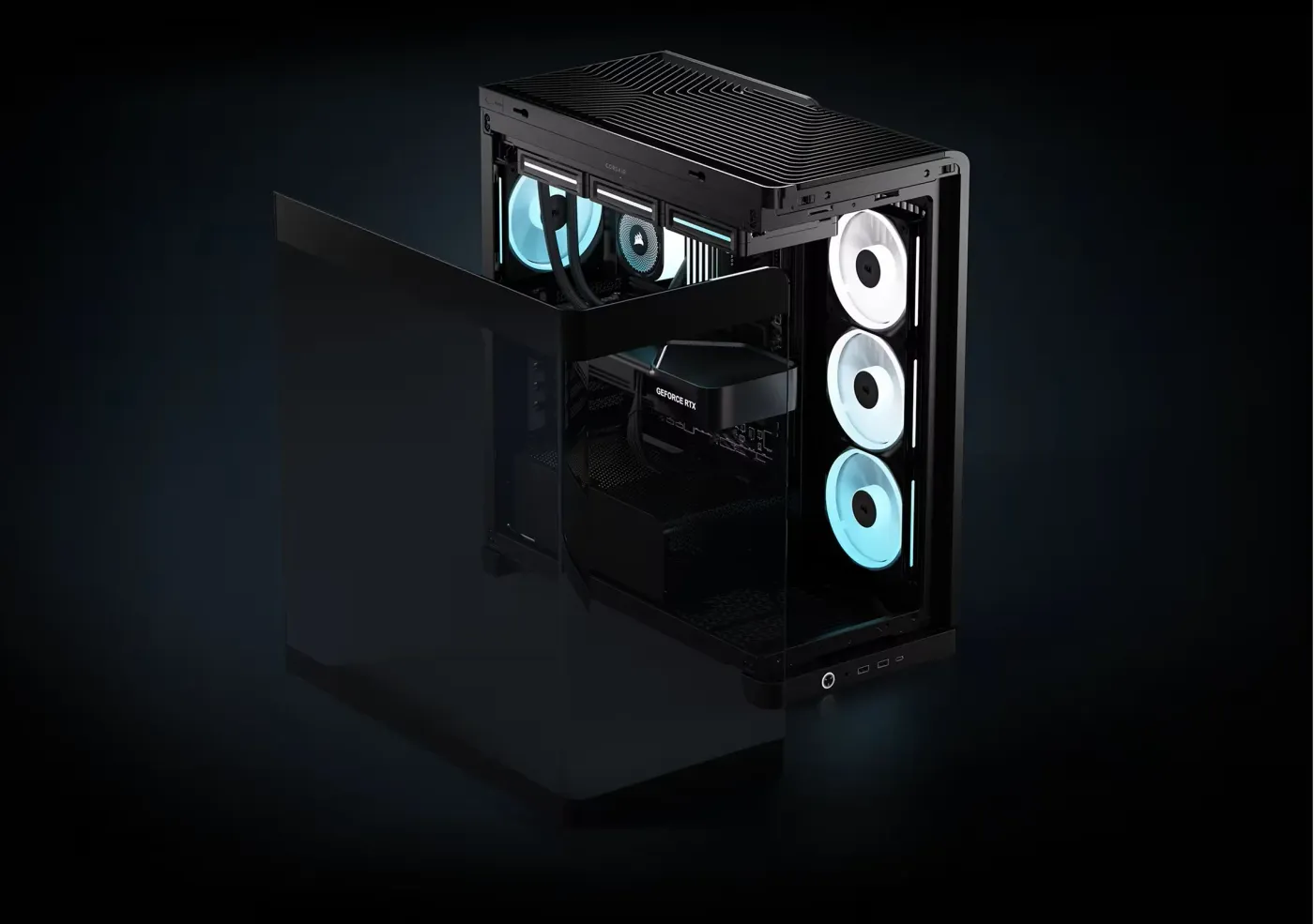 Curved panoramic tempered glass side panel showcasing PC components