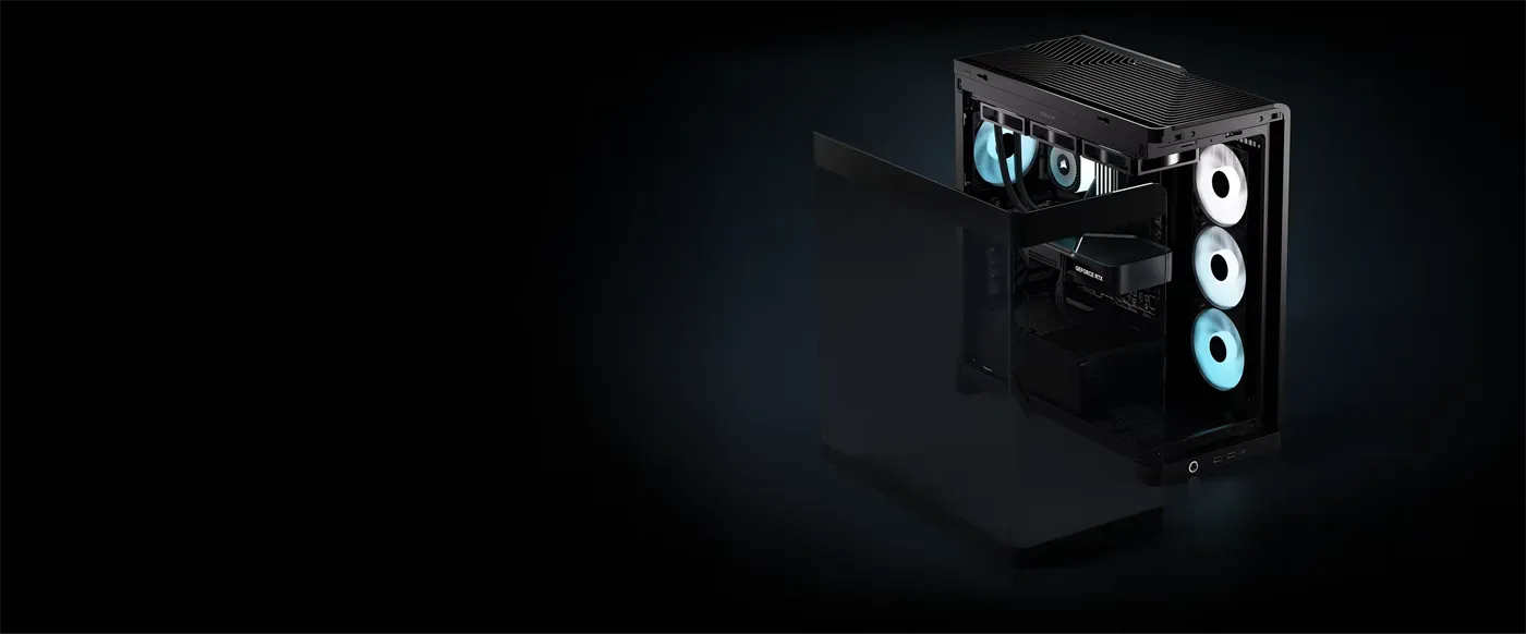Corsair FRAME 4500X black panoramic tempered glass case with curved design