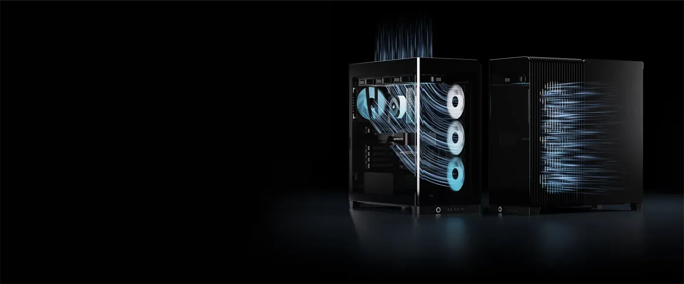 Corsair FRAME 4500X panoramic glass case showing RGB cooling fans