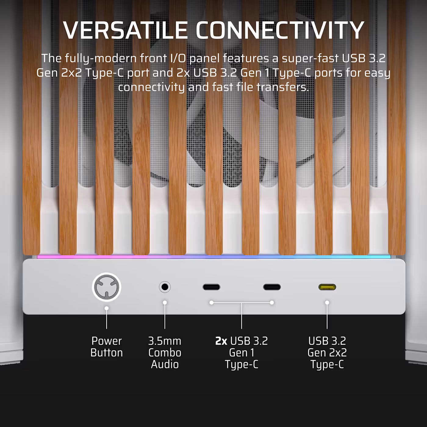Front I/O panel on the FRAME 5000D WOOD RS showing three USB Type-C ports and an audio jack