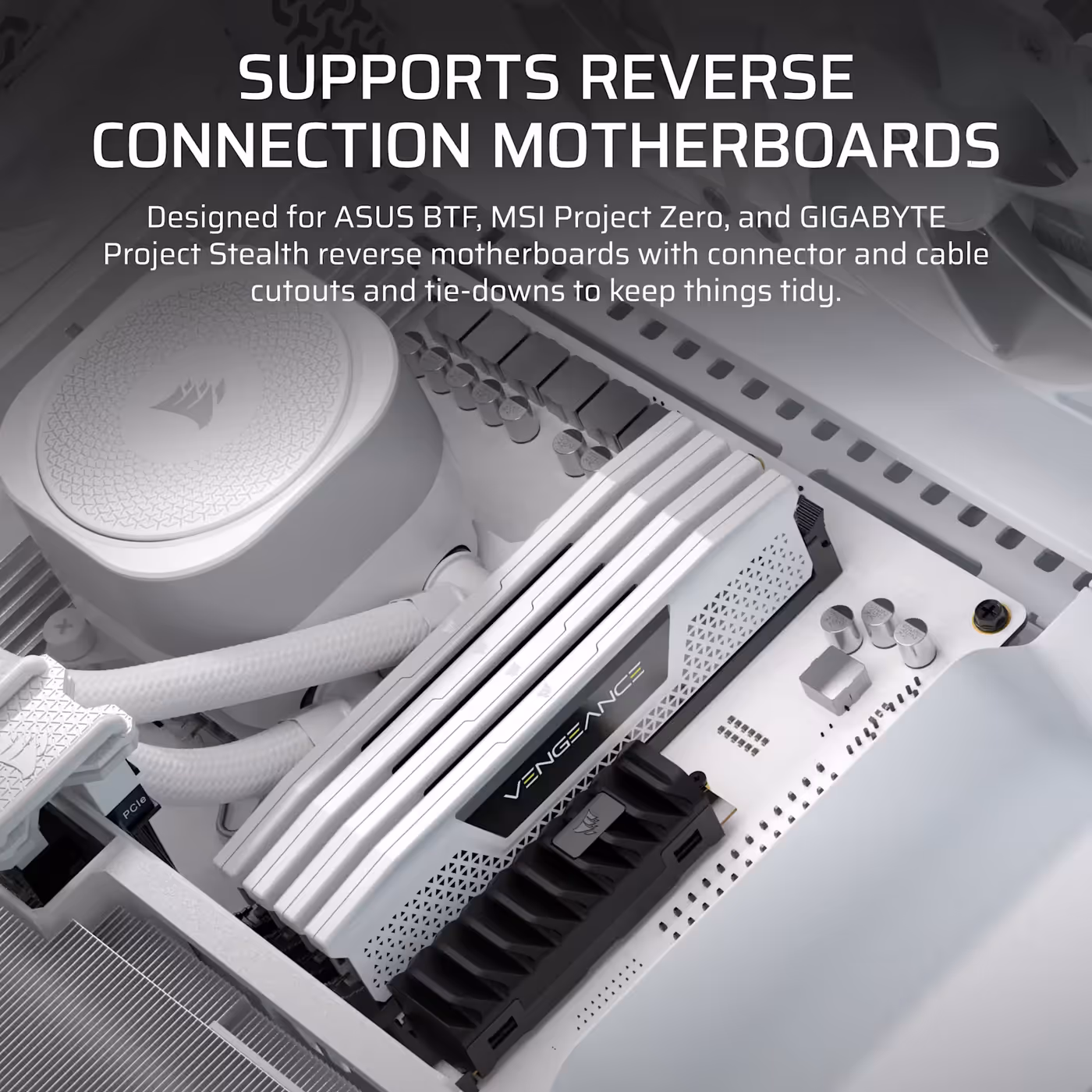 Reverse connector motherboard installed in the FRAME 5000D WOOD RS with concealed cables