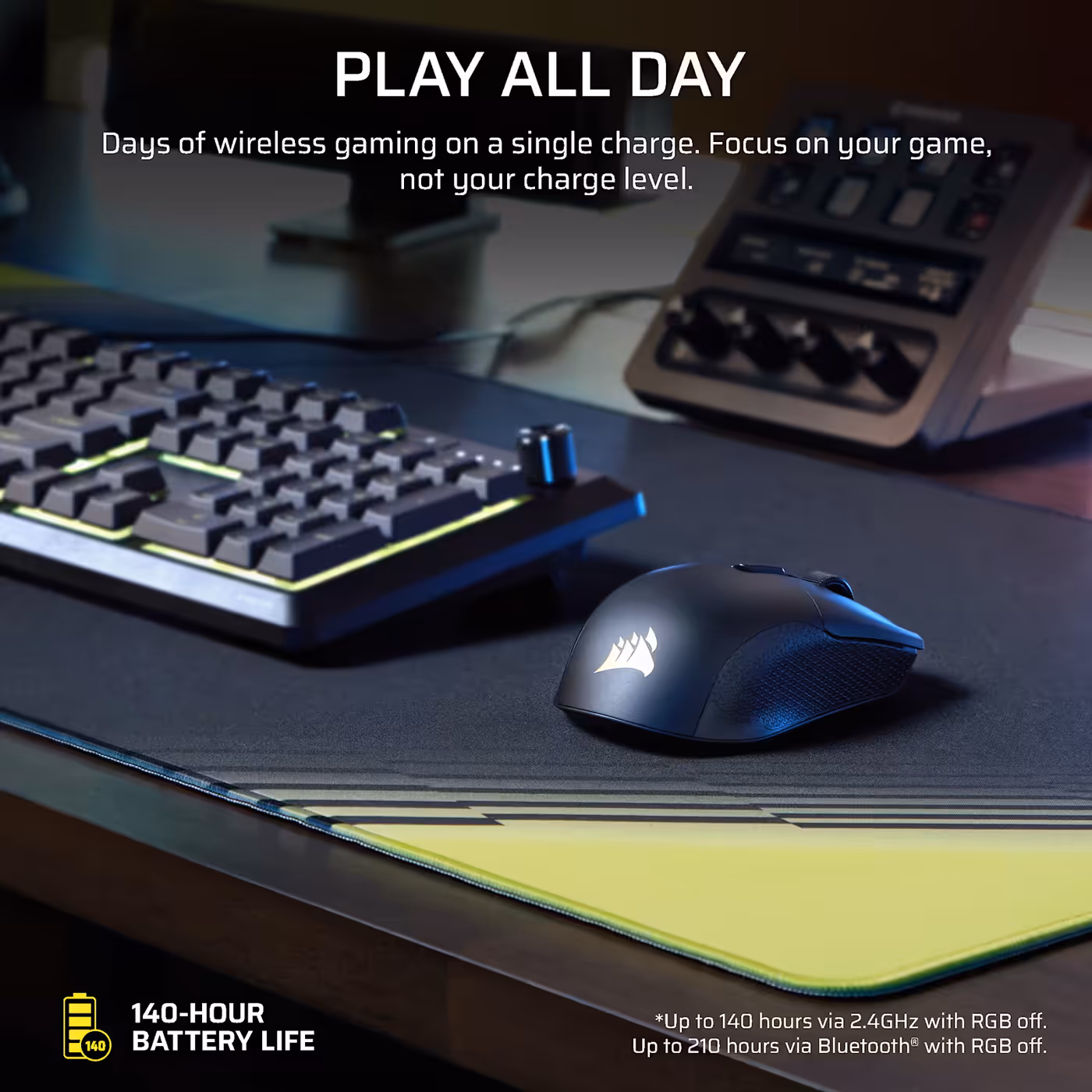 The HARPOON v2 WIRELESS on a desk mat illustrating its 140 hour battery life