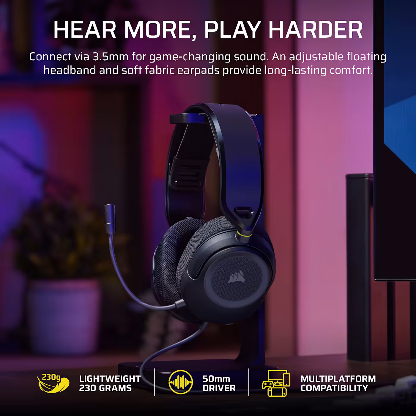 The HS35 v3 Wired headset shown on a desk in a lit gaming setup