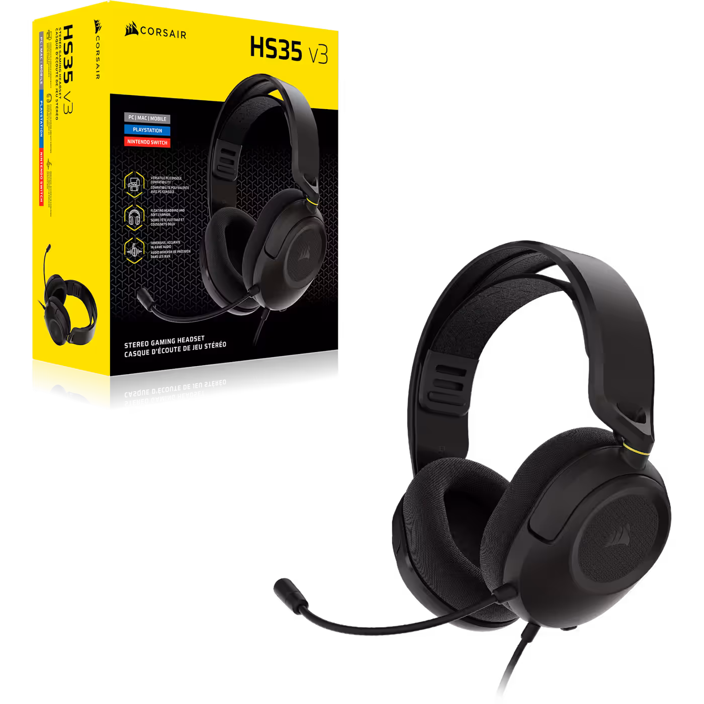 HS35 v3 Wired retail box shown alongside the headset