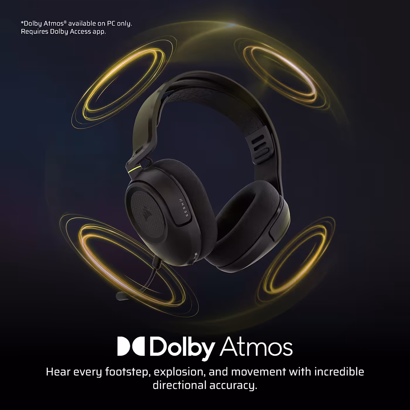 Graphic showing Dolby Atmos spatial audio positioning around the HS35 v3 Wireless