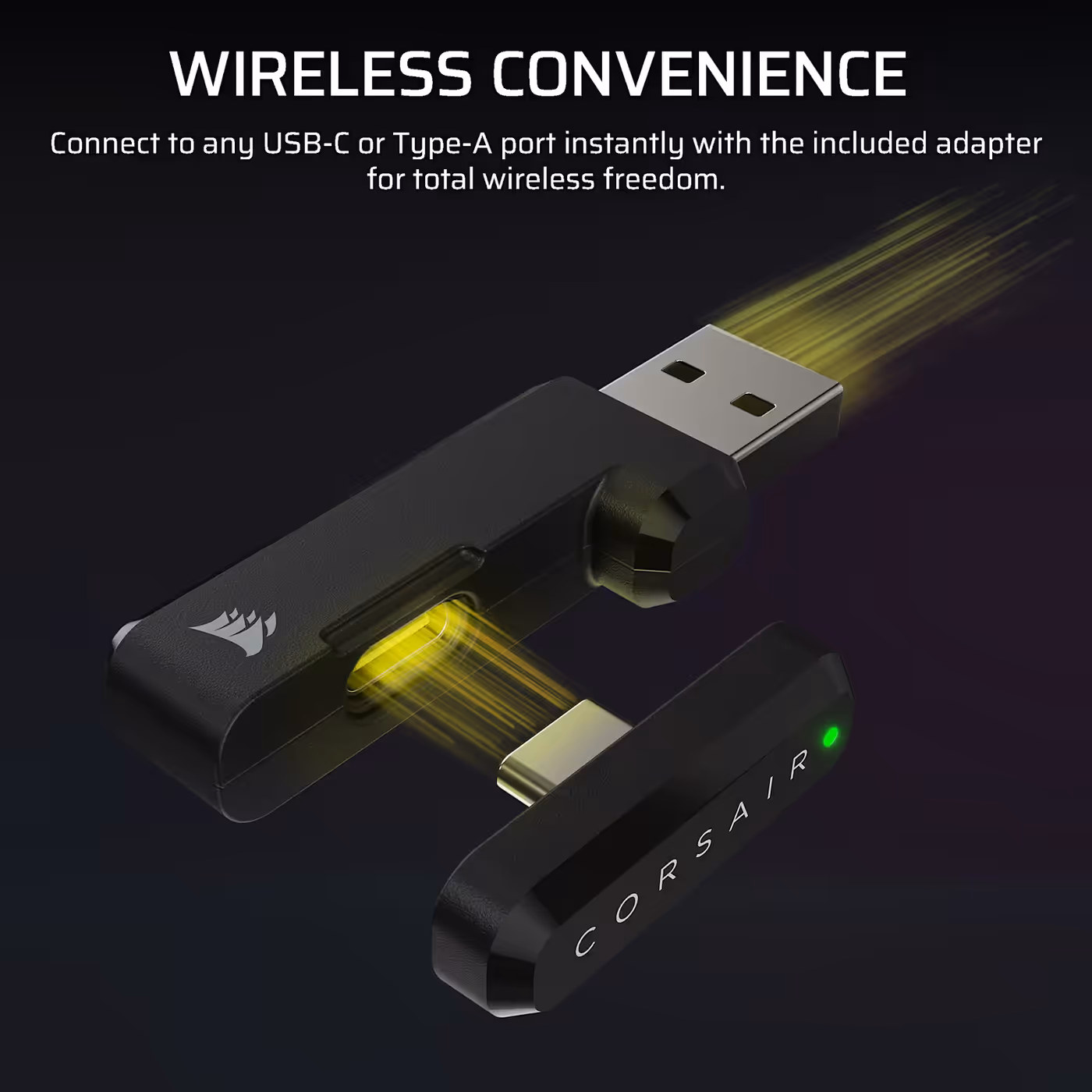 The wireless adapter supplied with the HS35 v3 Wireless connecting to a USB-C and a USB Type-A port