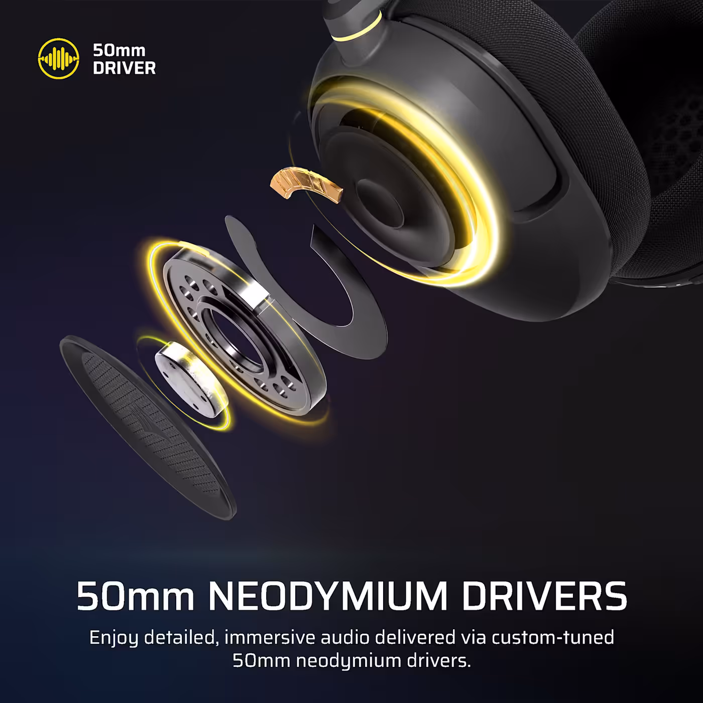Exploded view of the 50mm neodymium driver inside the HS35 v3 Wireless earcup