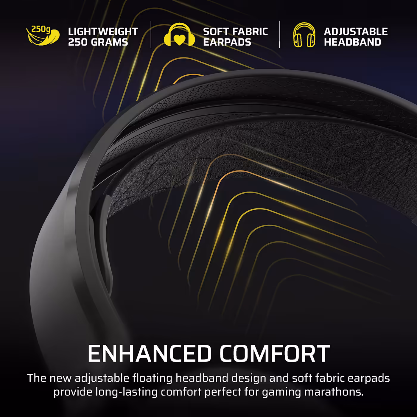 Close-up of the adjustable floating headband and soft fabric earpads on the HS35 v3 Wireless