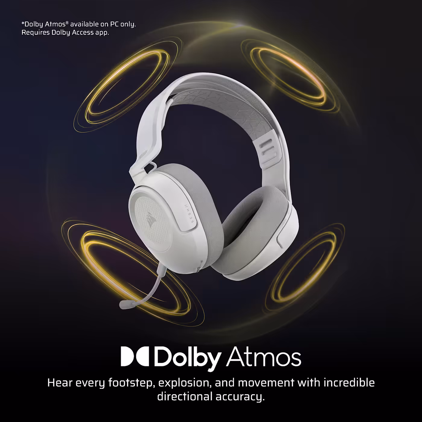 Graphic showing Dolby Atmos spatial audio positioning around the HS35 v3 Wireless