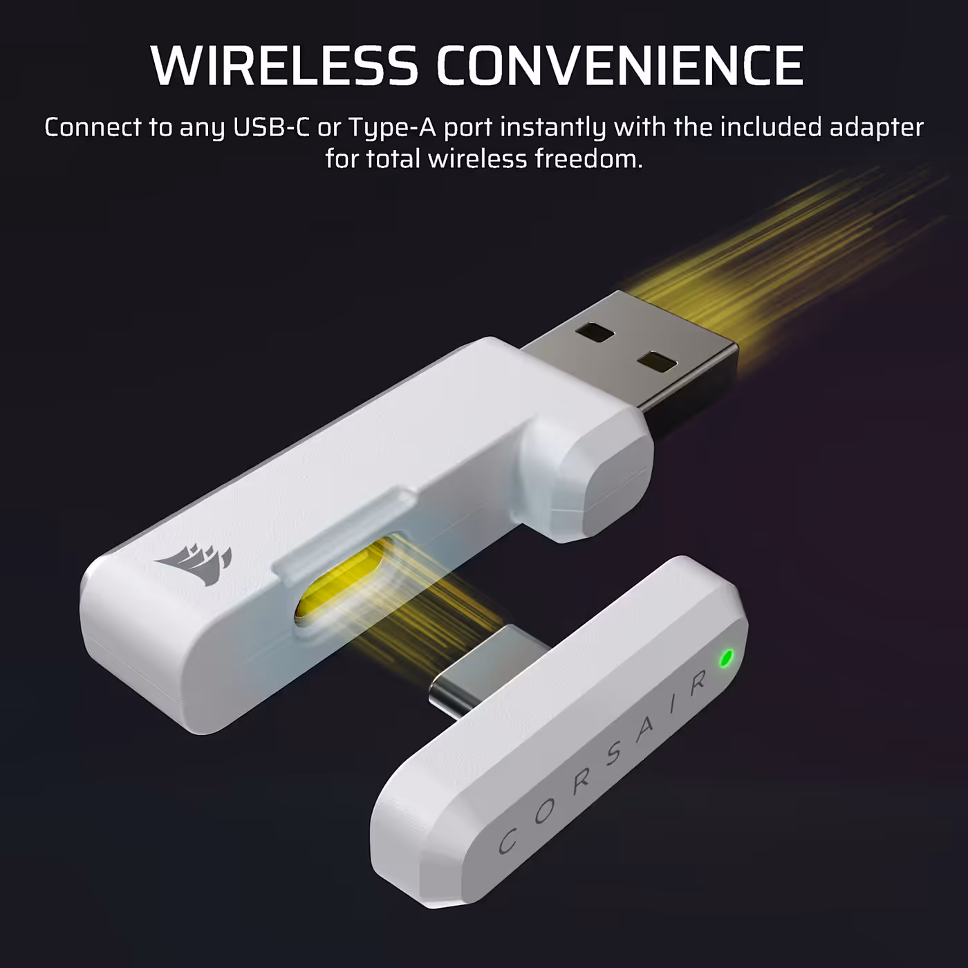 The wireless adapter supplied with the HS35 v3 Wireless connecting to a USB-C and a USB Type-A port
