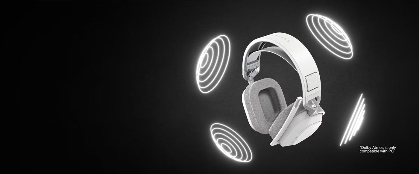 High-resolution image highlighting Dolby Atmos support and immersive surround sound of the Corsair HS80 MAX