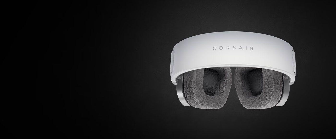 Close-up of Corsair HS80 MAX Wireless Headset highlighting soft memory foam ear pads and sturdy frame