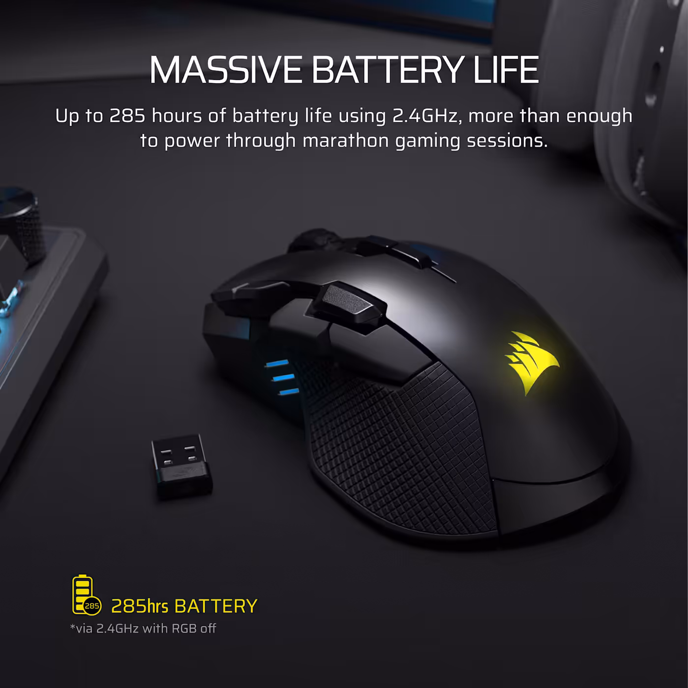 The IRONCLAW WIRELESS SE shown with its wireless receiver illustrating long battery life