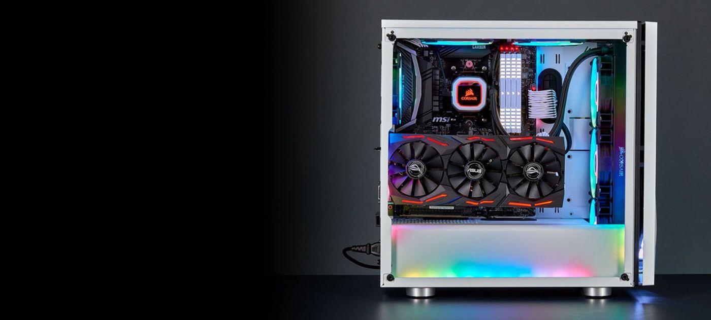 CORSAIR PCIe extension cable routed inside a compact PC build